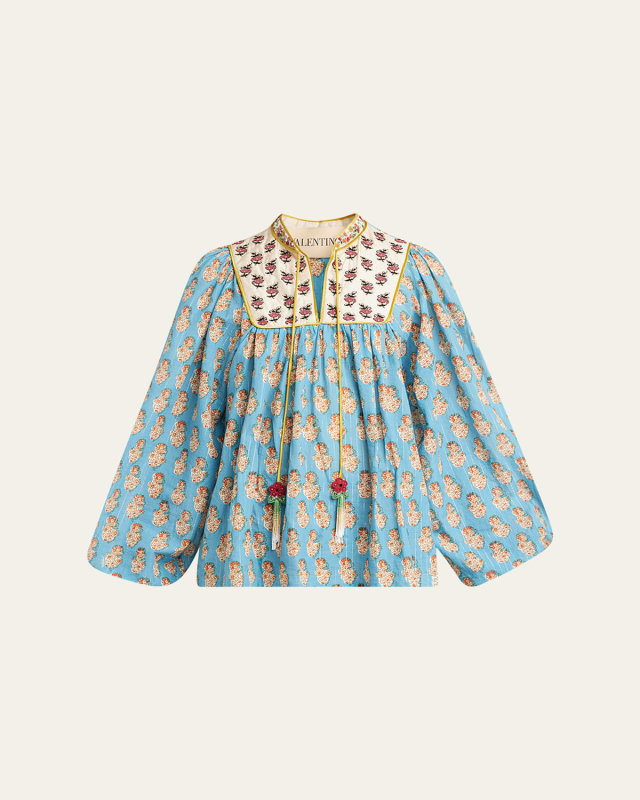 Beaded Pinstripe Floral-Print Blouse